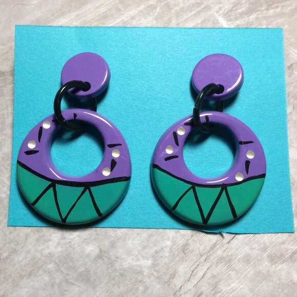 Bold Bright Totally 80s Purple & Teal Earring Dangles that Pop! 💜✨ #RetroGlam - Picture 1 of 3